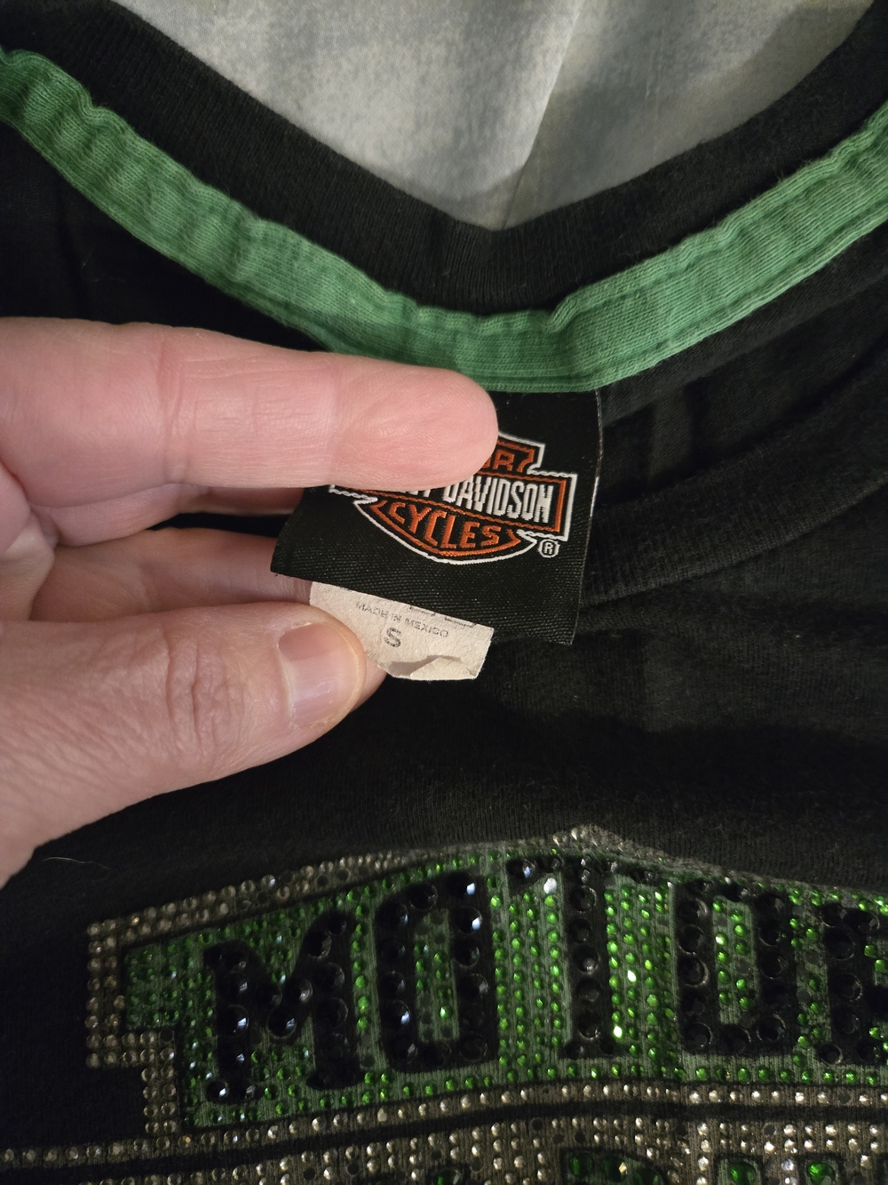 Harley-Davidson Black Short Sleeve Tee with Green and Silver Bling - Picture 3 of 5